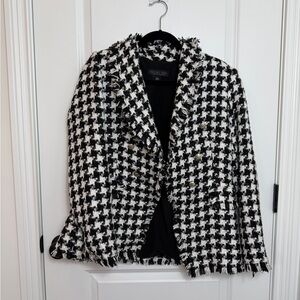 Rachel Zoe Black & White Houndstooth Frayed Tweed Blazer